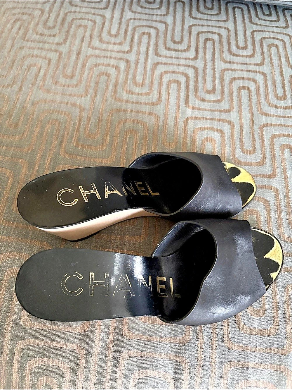 Chanel Black Leather CC Logo Wooden Wedge Mules